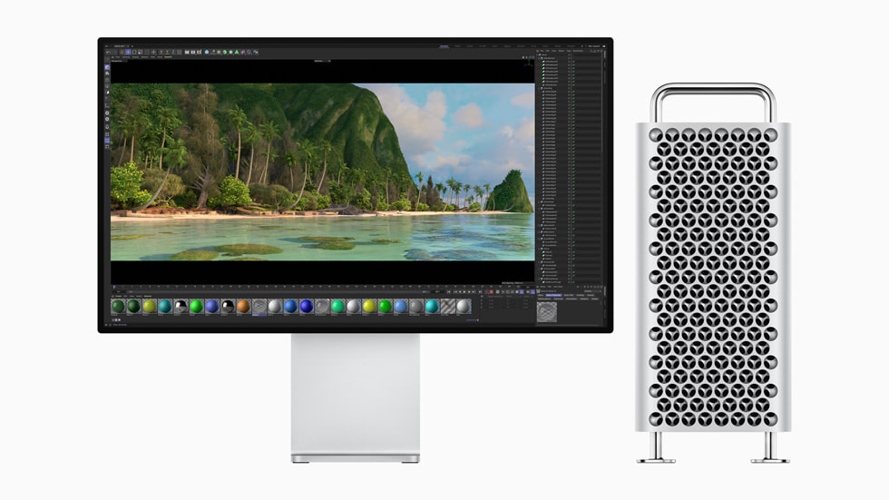Mac Studio로 3D 렌더링을 완료하는 모습을 보여주는 M2 Ultra 탑재 Mac Pro.